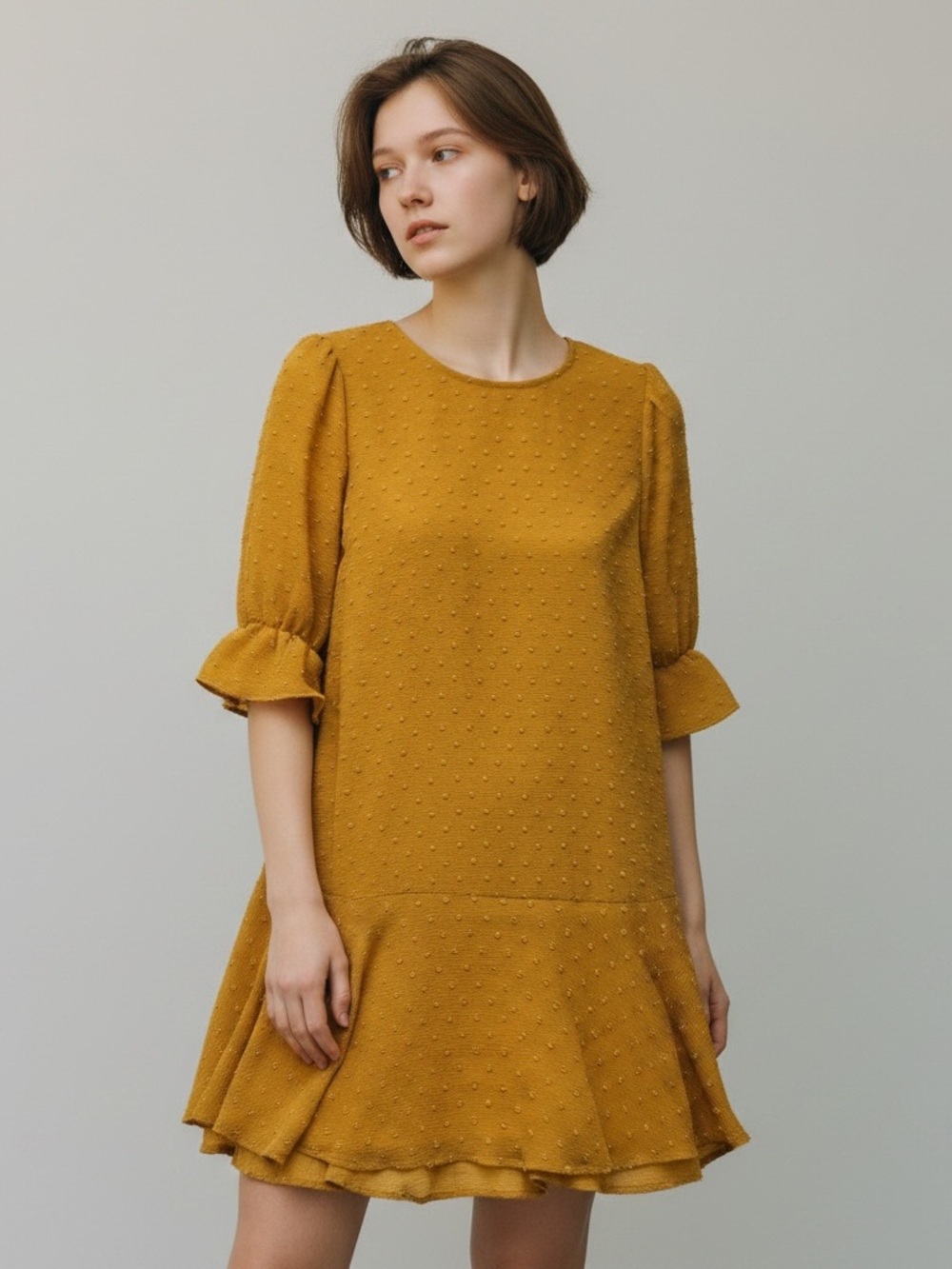 Gianni Bini Mustard Dot-Texture Ruffle Hem Mini Dress